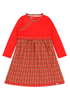 Mixed Up Clothing Girls Long Sleeve Ruffle Trim Dress Red Multicolor