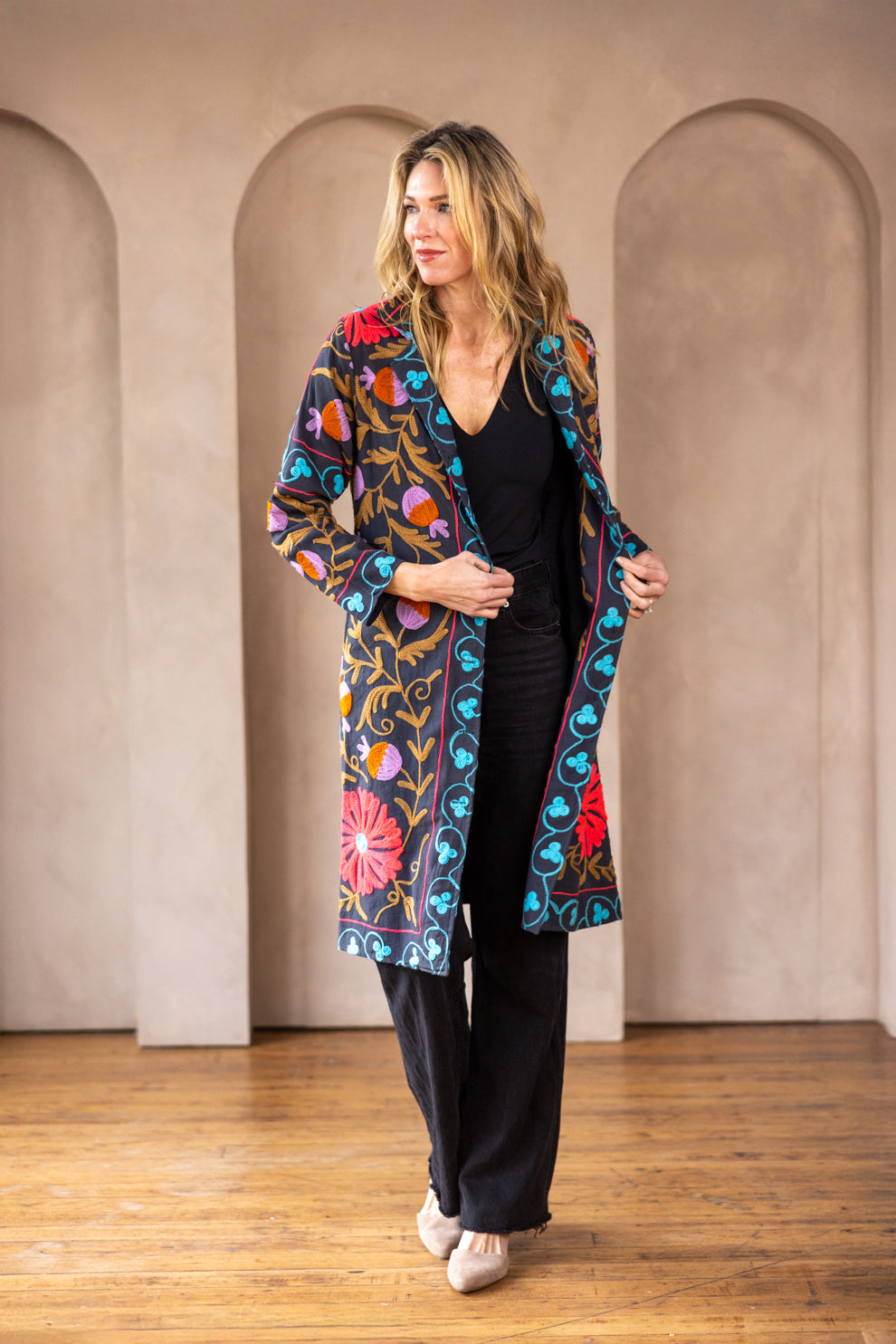 Malika Coats - Black with Multi Color Embroidery