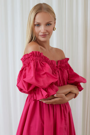 Vacay Off Shoulder Cotton Mini Dress - Fuchsia