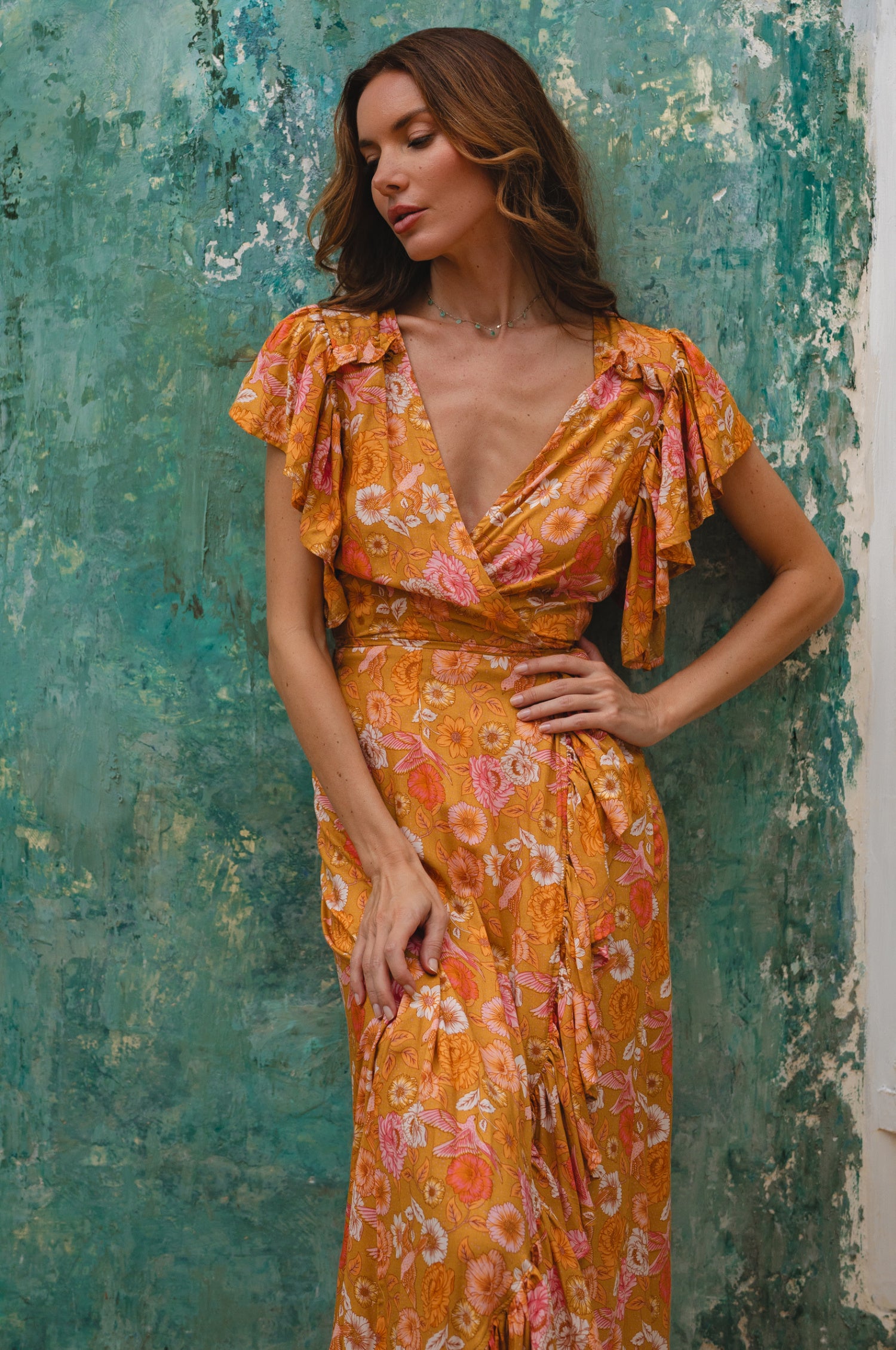 Carmen Wrap Maxi Dress - Golden Birds