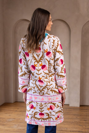 Malika Coats - Pink Embroidery on White Base