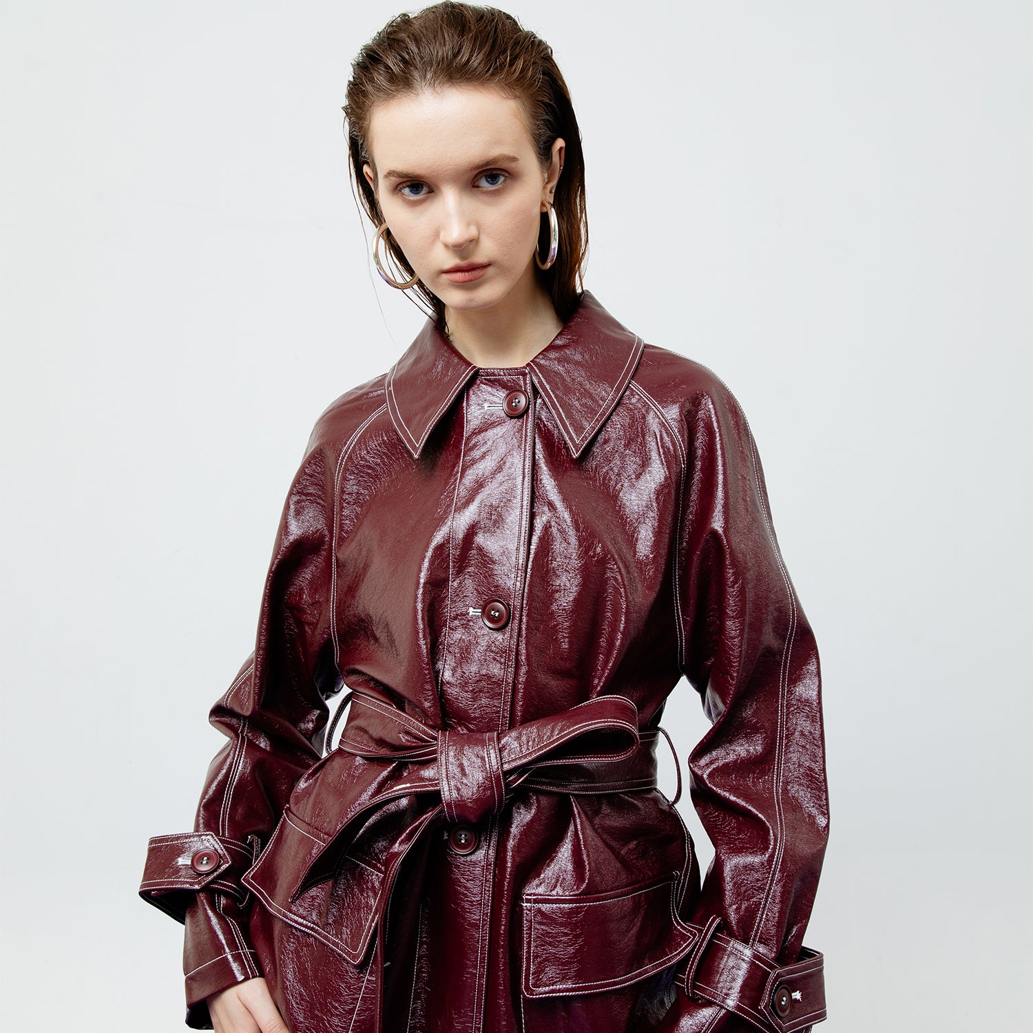 BRIA LEATHER MAROON TRENCH COAT