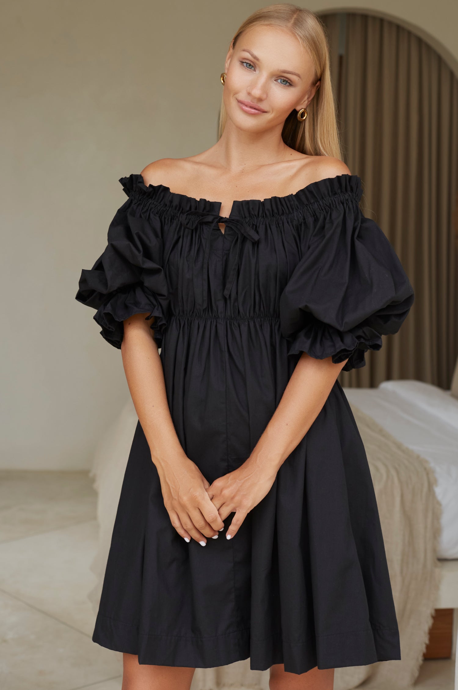 Vacay Off Shoulder Cotton Mini Dress - Black