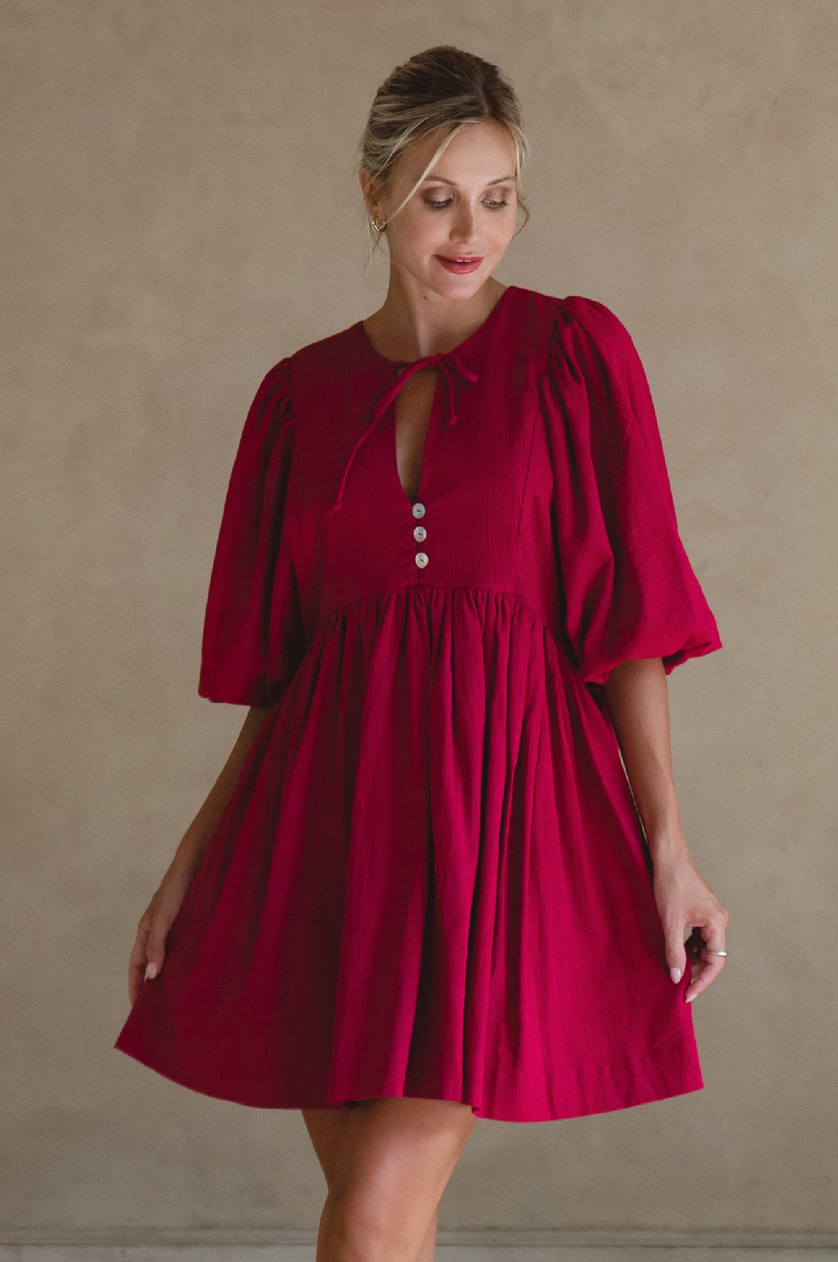 Maribelle Baby Doll Linen Dress - Sangria