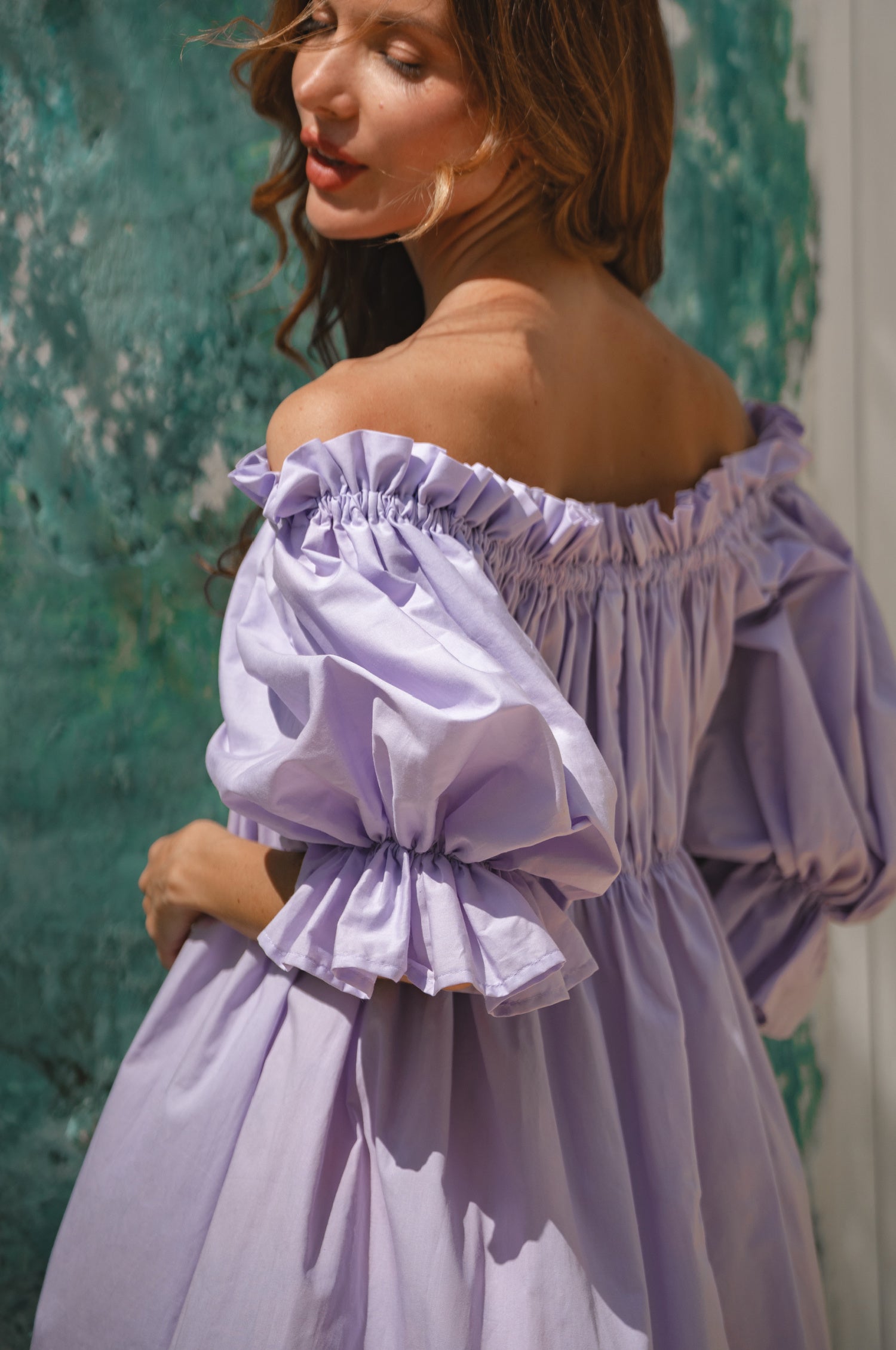 Vacay Off Shoulder Cotton Mini Dress - Lavender