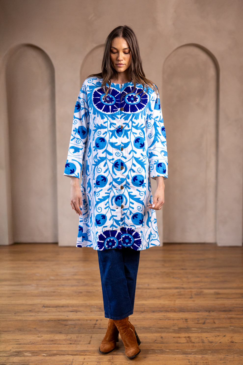 Malika Coats - White with Blue Embroidery