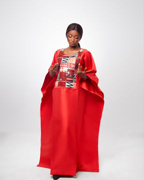 Red Jewelled Satin and African Print Dress Boubou