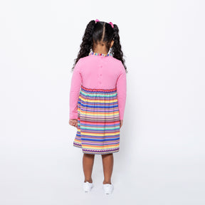 Mixed Up Clothing Girls Long Sleeve Ruffle Trim Dress Pink Multicolor Stripe