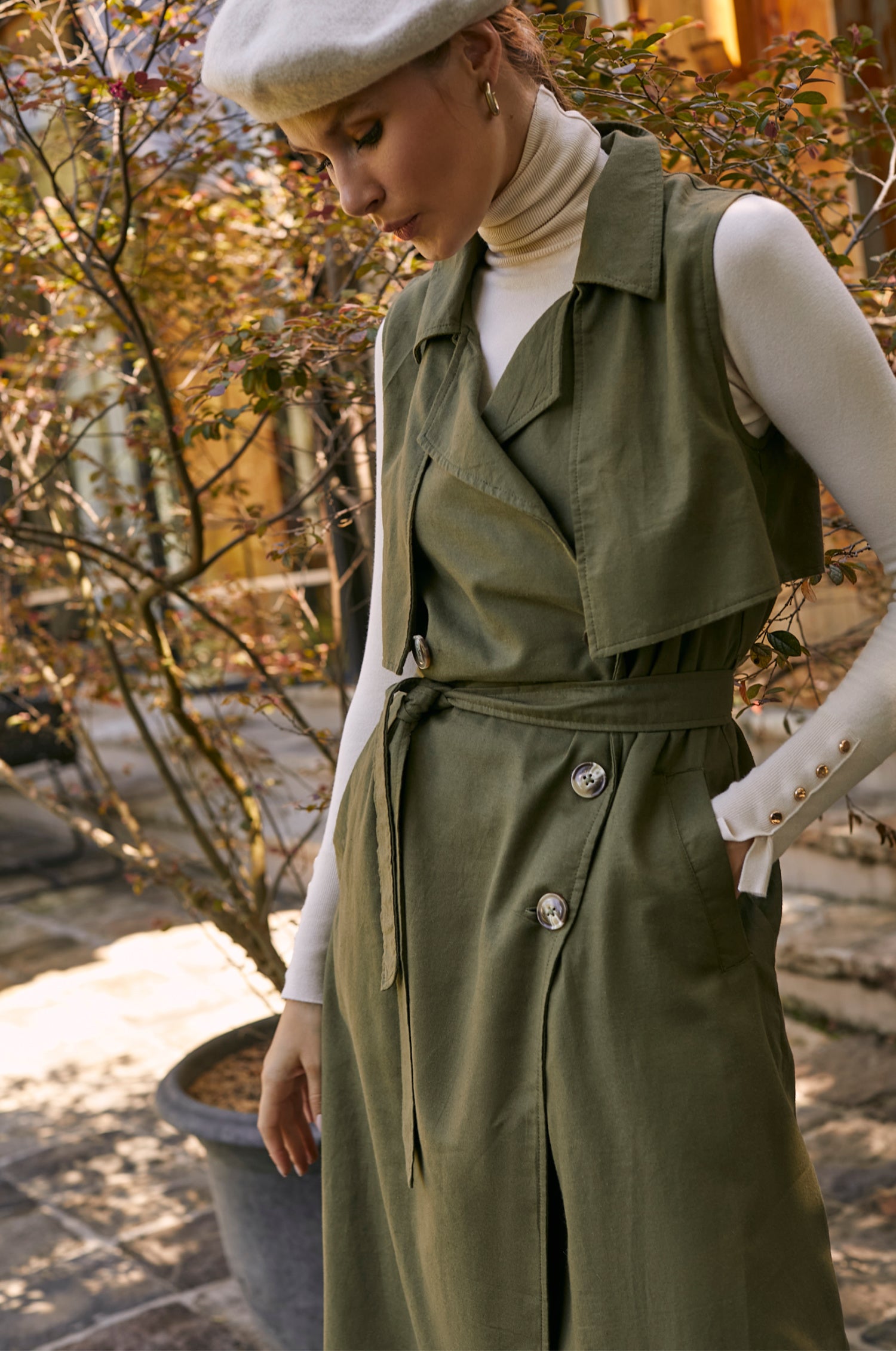 Arden Belted Vest Trench - Olive Green