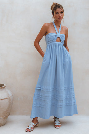 Penelope Halter Linen Maxi Dress - Crystal Blue