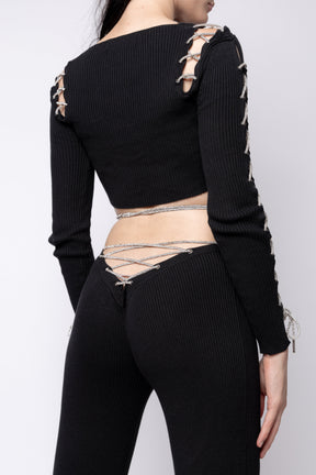 Rhinestone Lace Up Cropped Long Sleeve