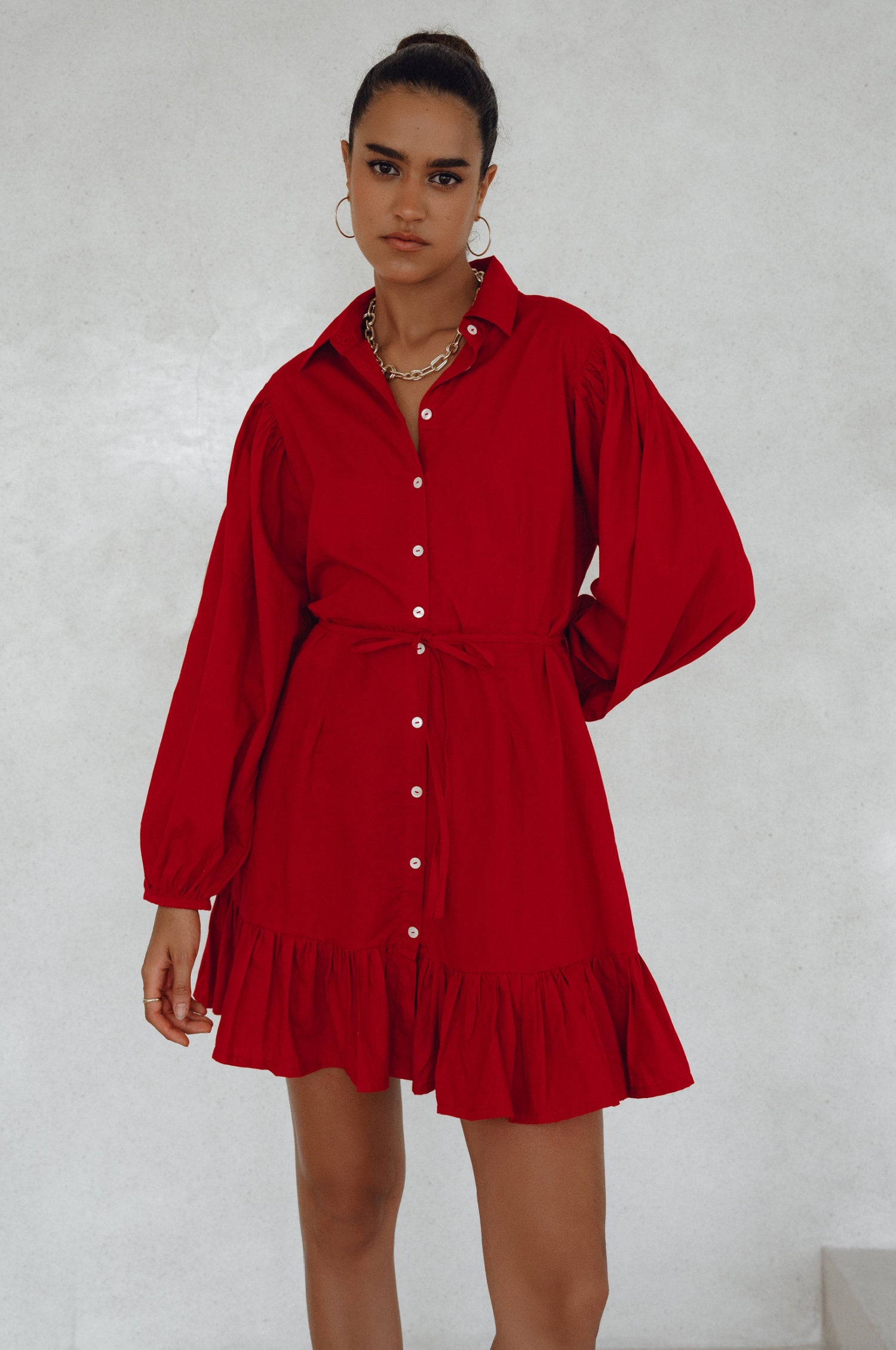 Malina Button Down Cotton Mini Dress - Red