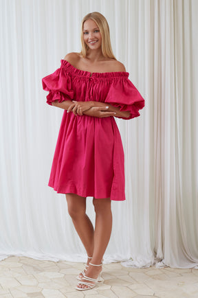 Vacay Off Shoulder Cotton Mini Dress - Fuchsia