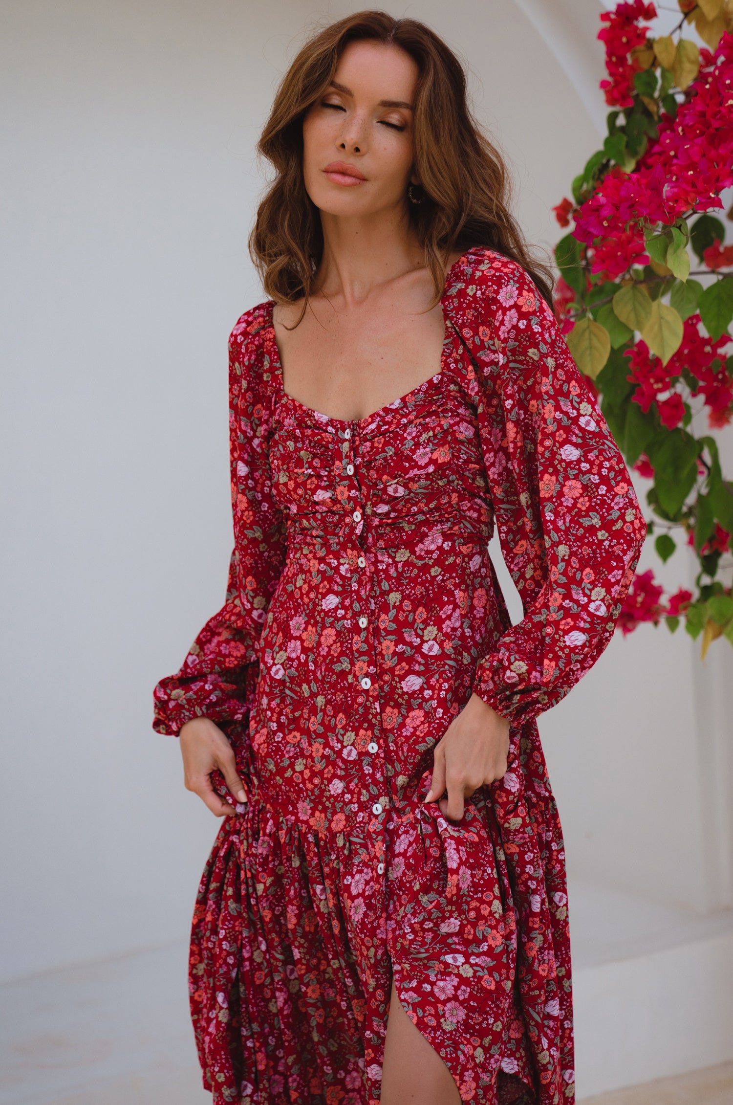 Verona Long Sleeve Midi Dress - Ruby Wildflower