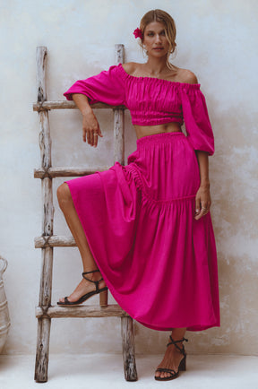 Annabelle Boho Linen Maxi Skirt - Magenta