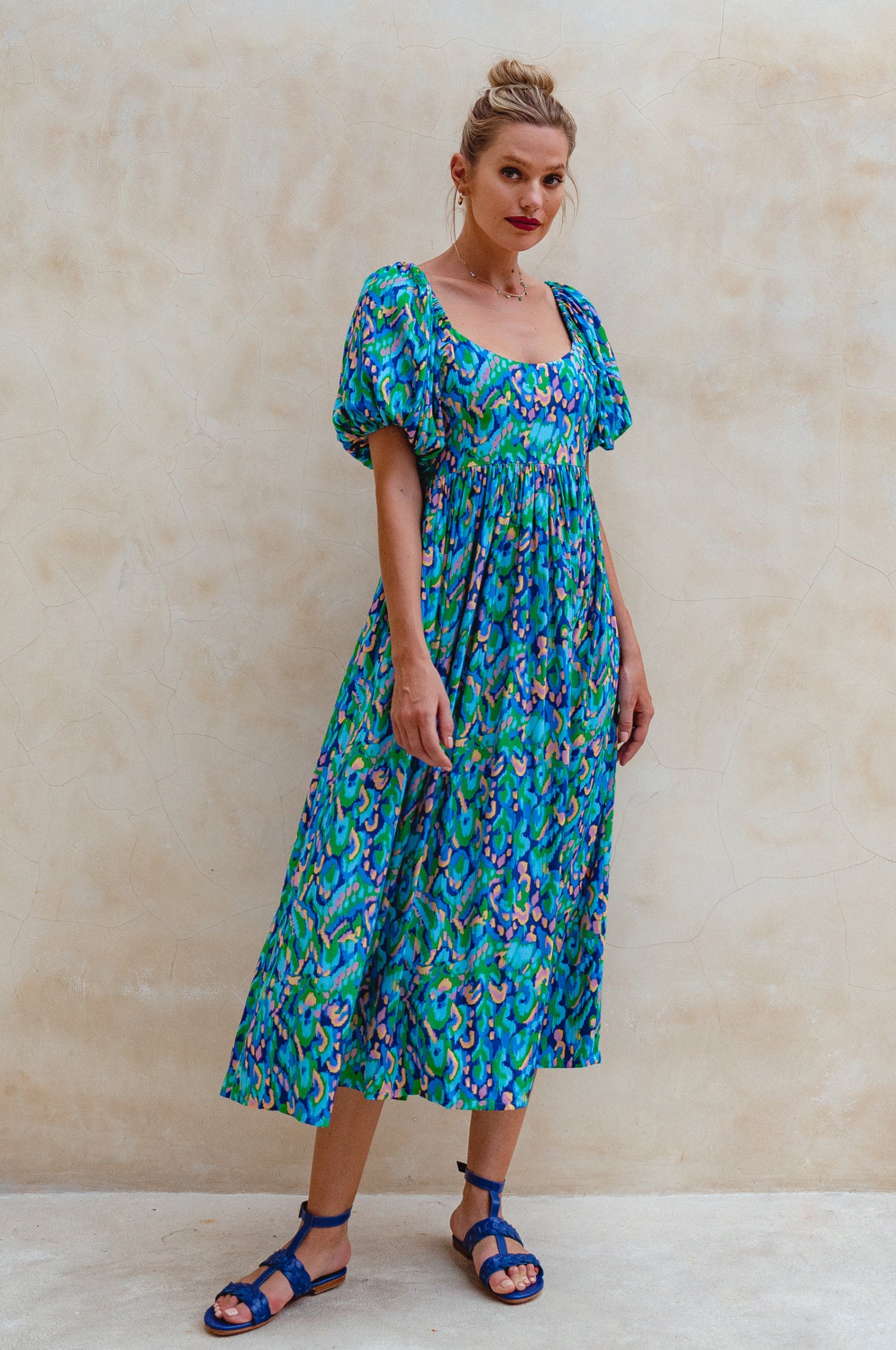 Violeta Puff Sleeve Midi Dress - Blue Sea