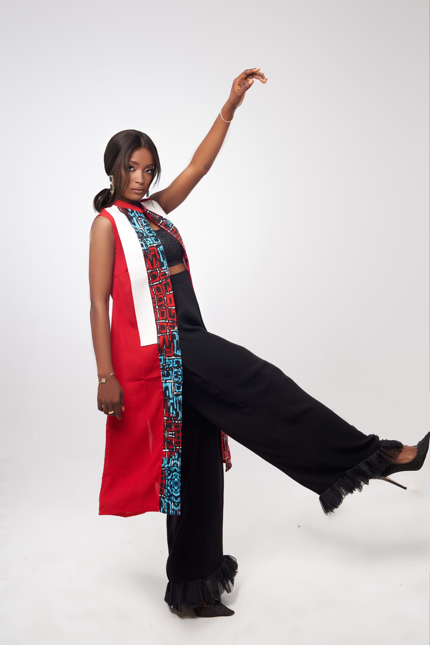 Red tunic with black leather and print panel