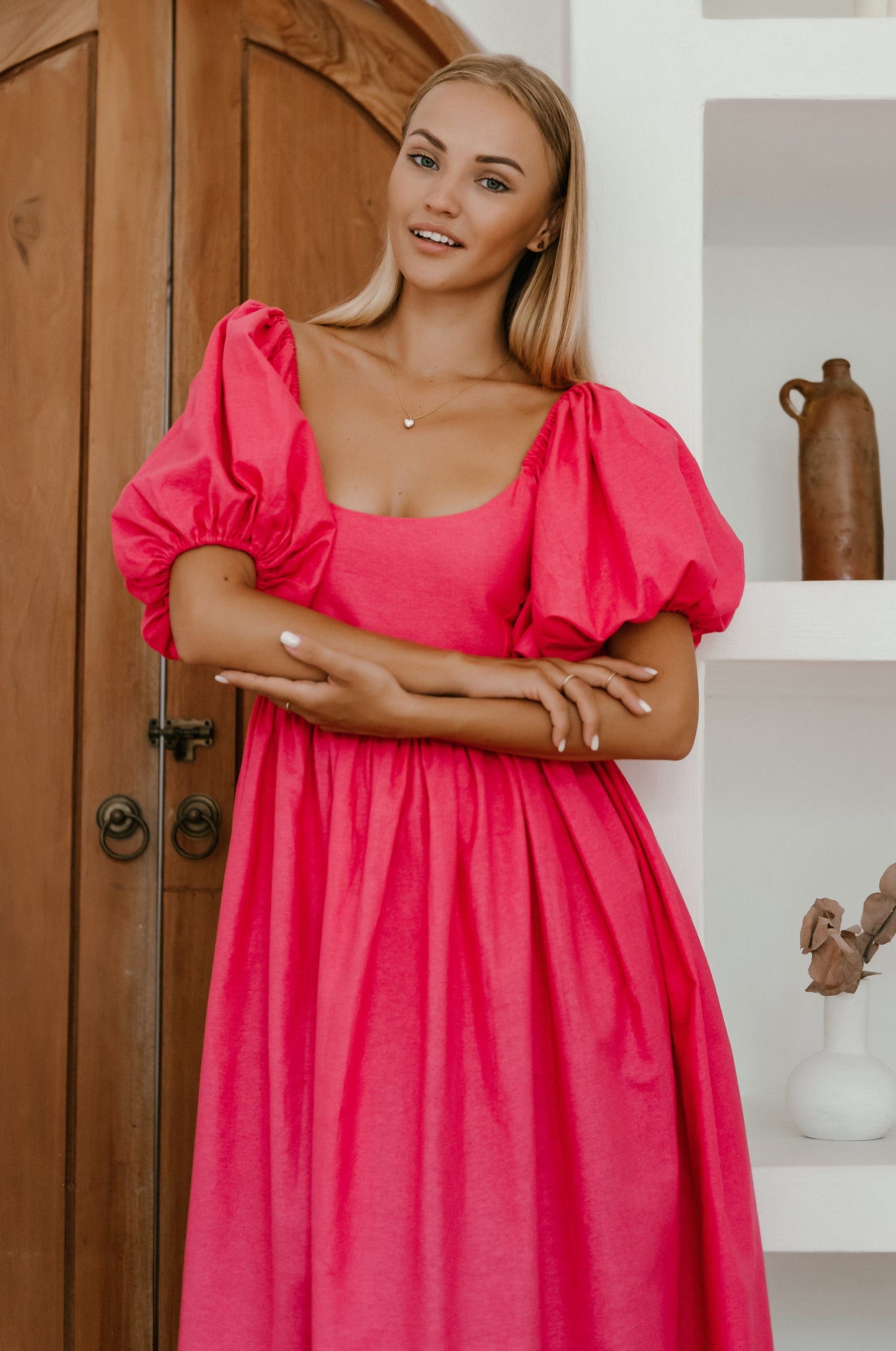 Cherie Puff Sleeve Midi Dress - Magenta