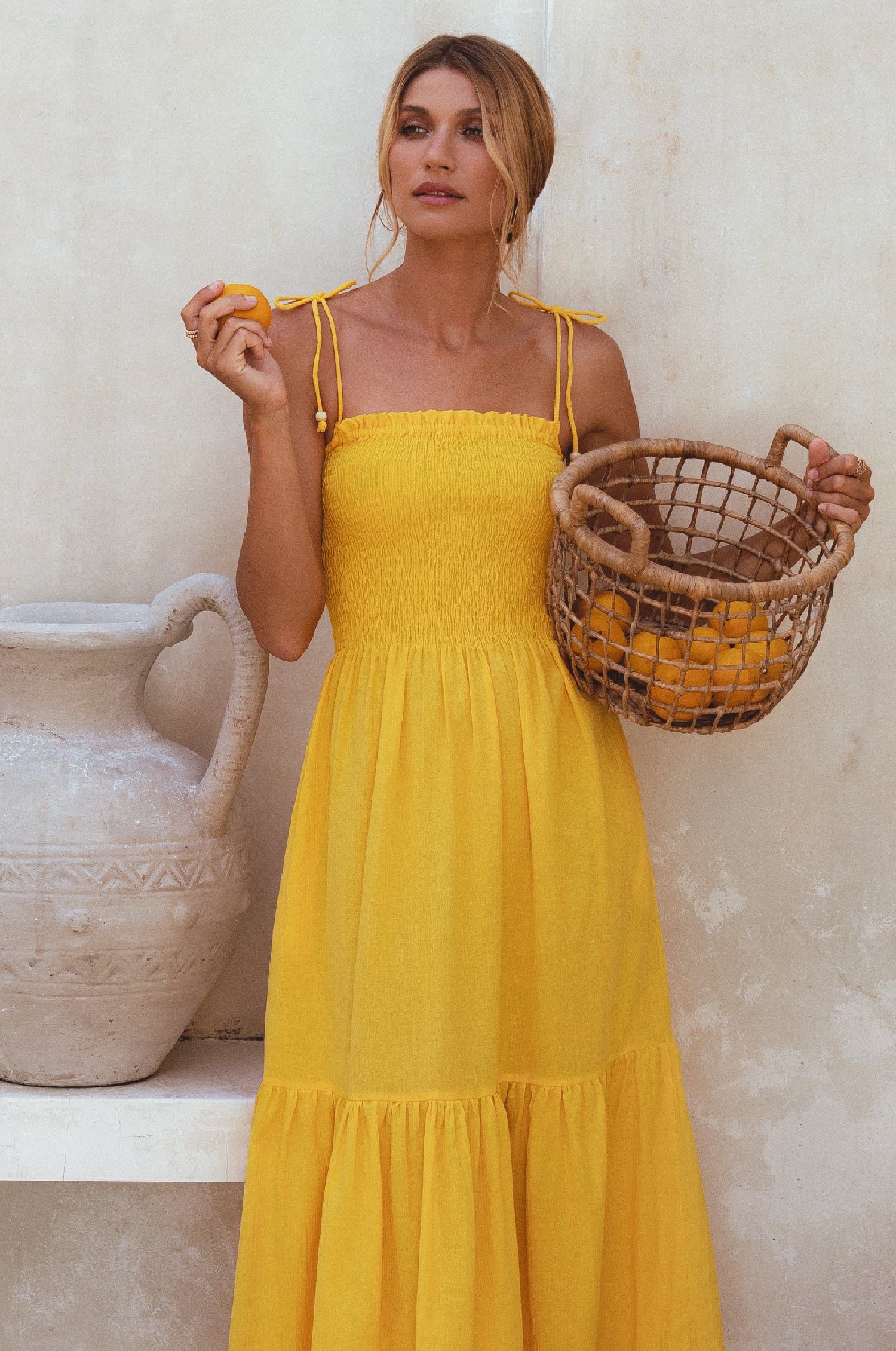 Paradiso Strappy Linen Midi Dress - Sunglow