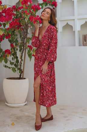 Greta Long Sleeve Midi Dress - Ruby Wildflower