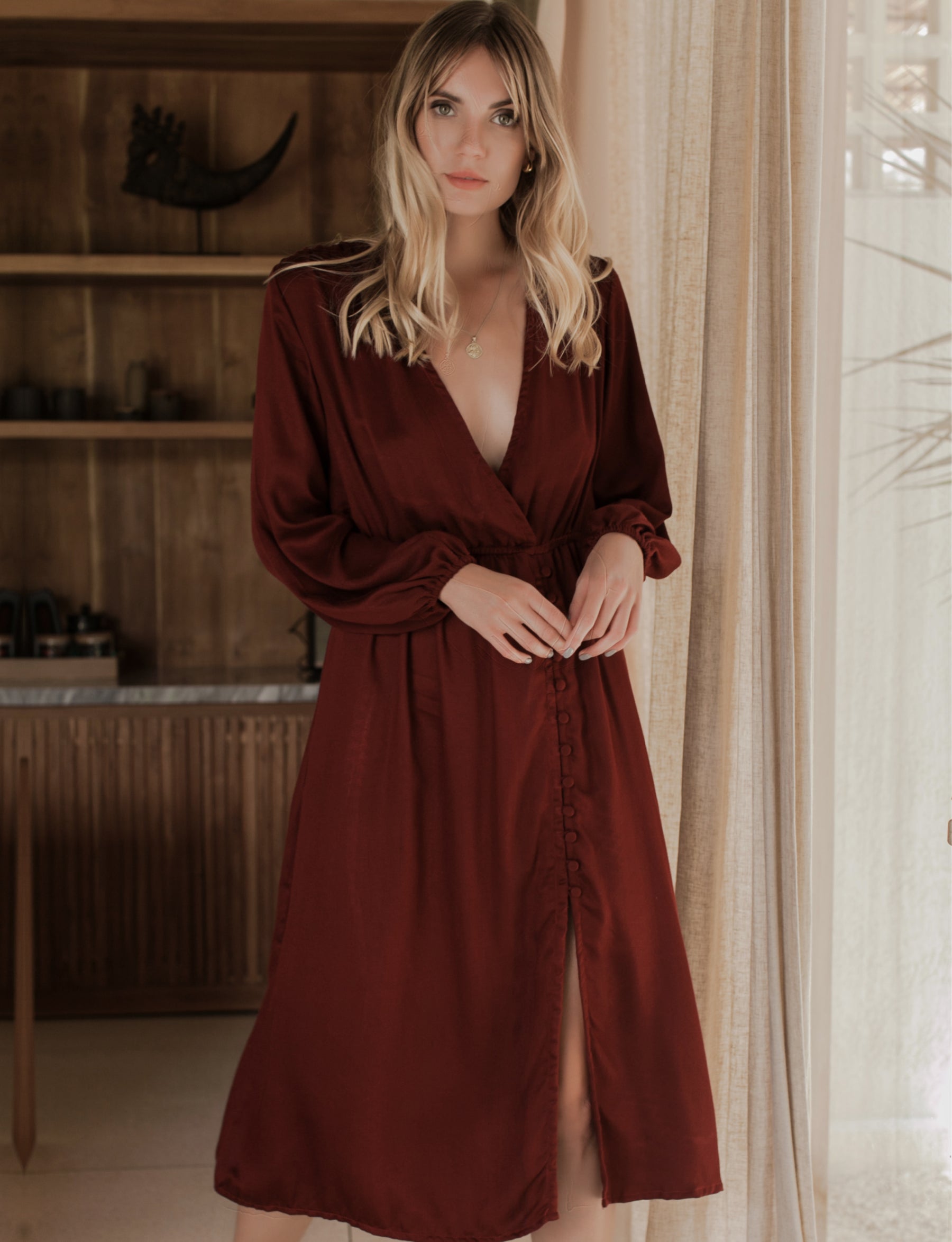 Greta Long Sleeve Midi Dress - Maroon