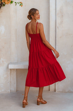 Rafaela Strappy Linen Midi Dress - Red