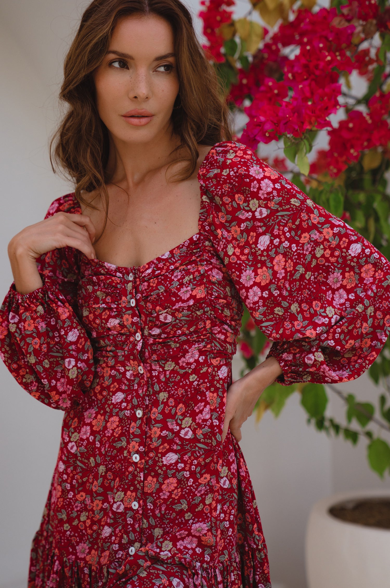 Verona Long Sleeve Midi Dress - Ruby Wildflower