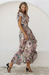 Carmen Wrap Maxi Dress - Beige Floral