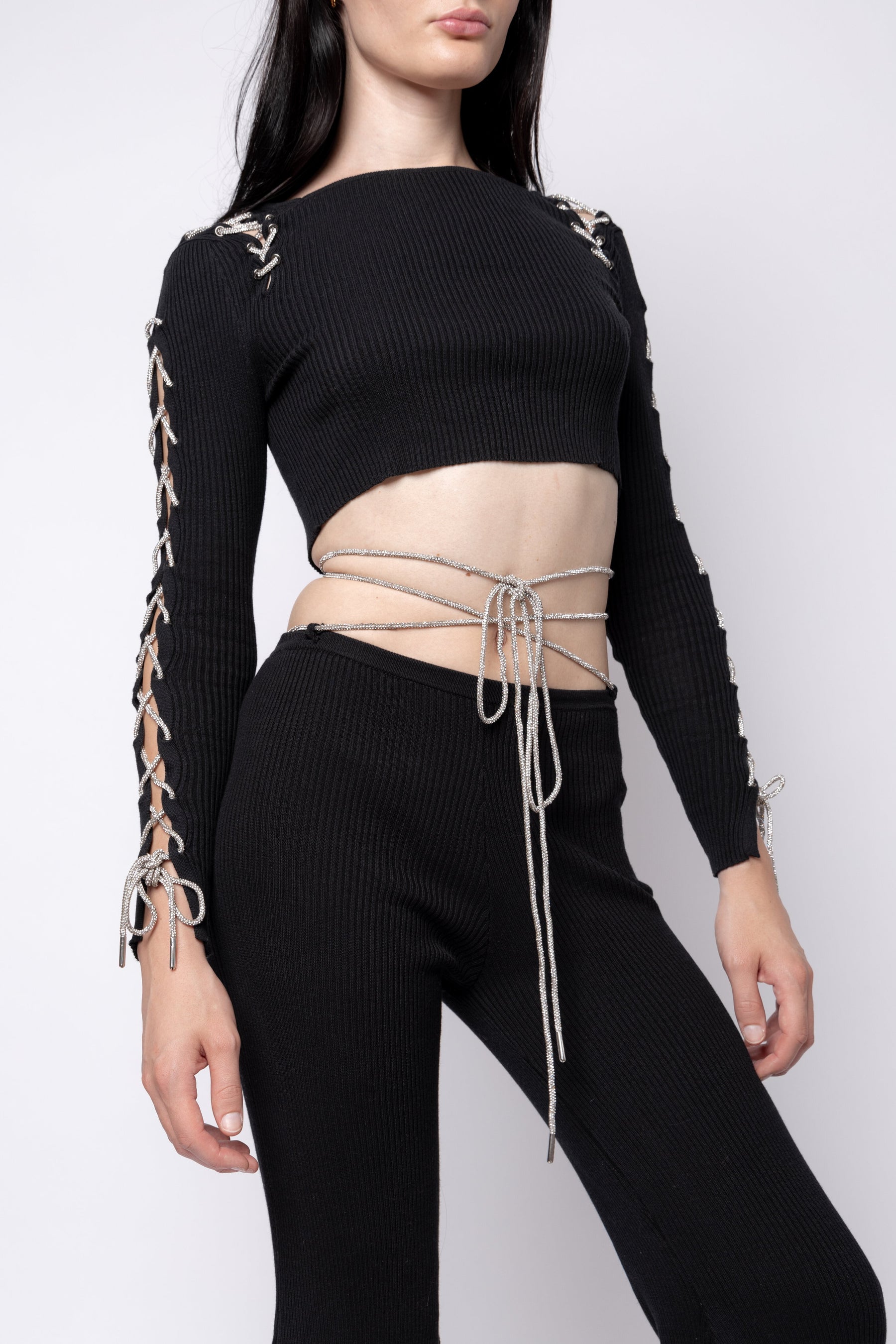 Rhinestone Lace Up Cropped Long Sleeve